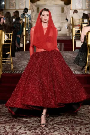 Red Tinsel and Mesh Drop Waist Gown
