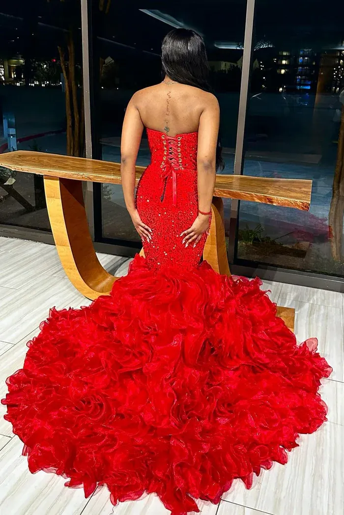 Red V-neck Strapless Ruffles Mermaid Sleeveless Gorgeous Prom Dresses
