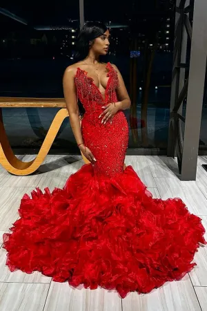 Red V-neck Strapless Ruffles Mermaid Sleeveless Gorgeous Prom Dresses