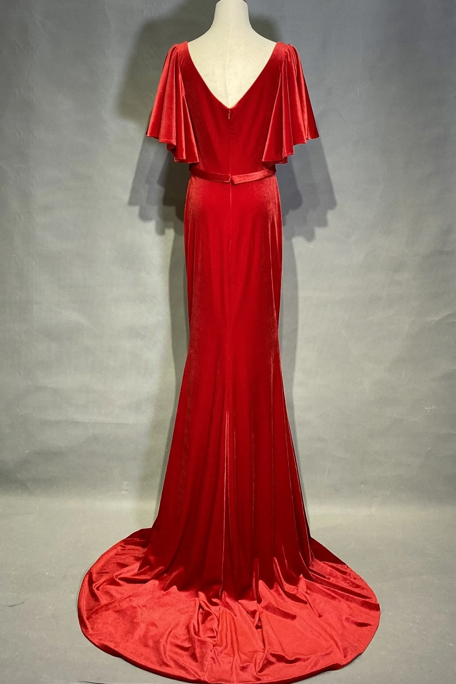 Red Velvet Long Prom Dresses with Flounced Sleeves