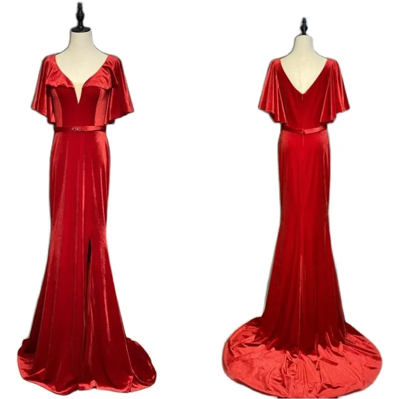 Red Velvet Long Prom Dresses with Flounced Sleeves