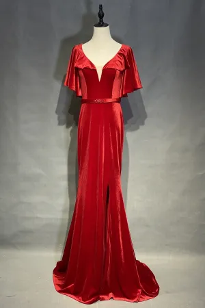 Red Velvet Long Prom Dresses with Flounced Sleeves