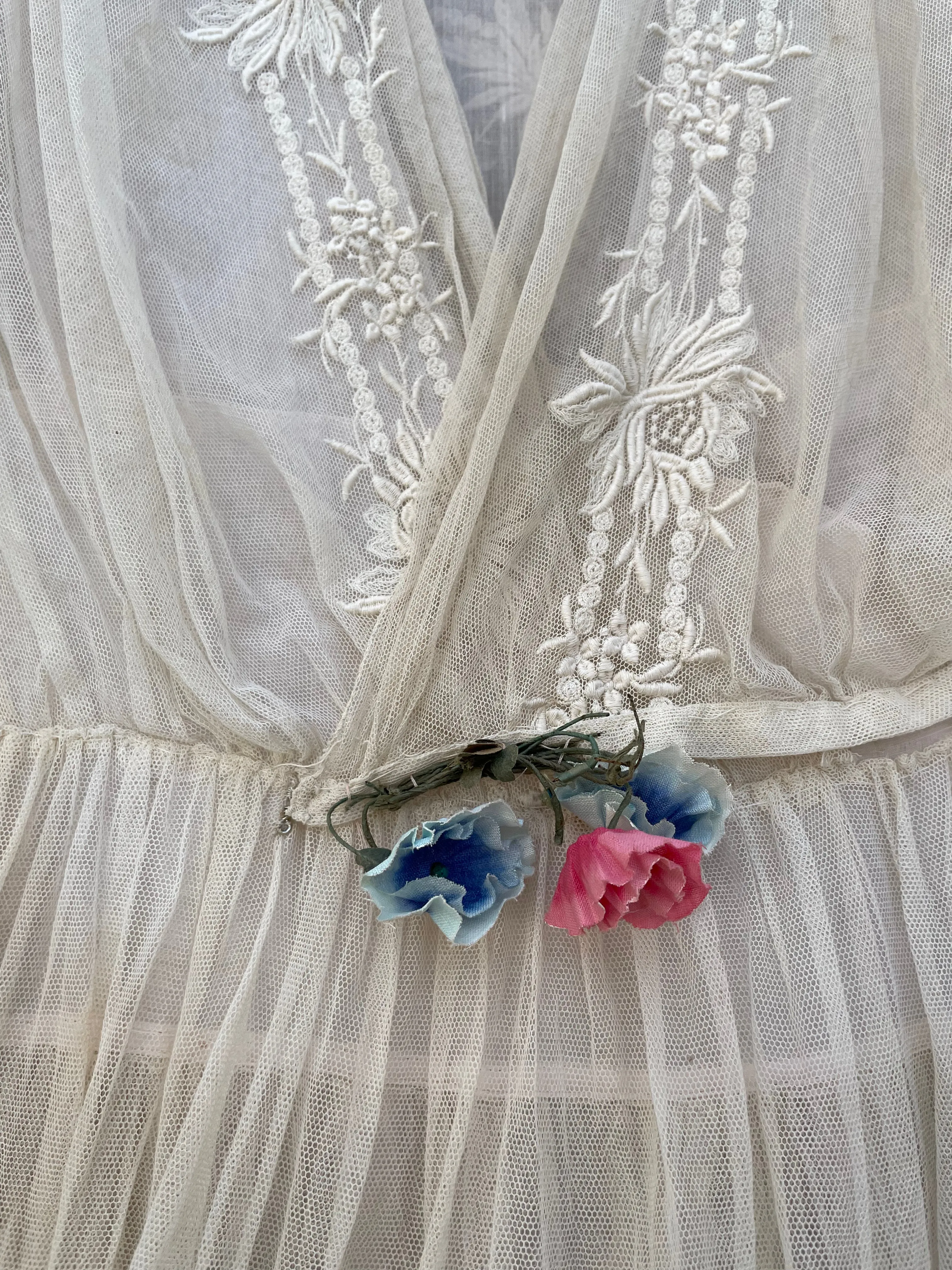 RESERVED Antique 1916 Embroidered Net Hoop Skirt Gown Volup