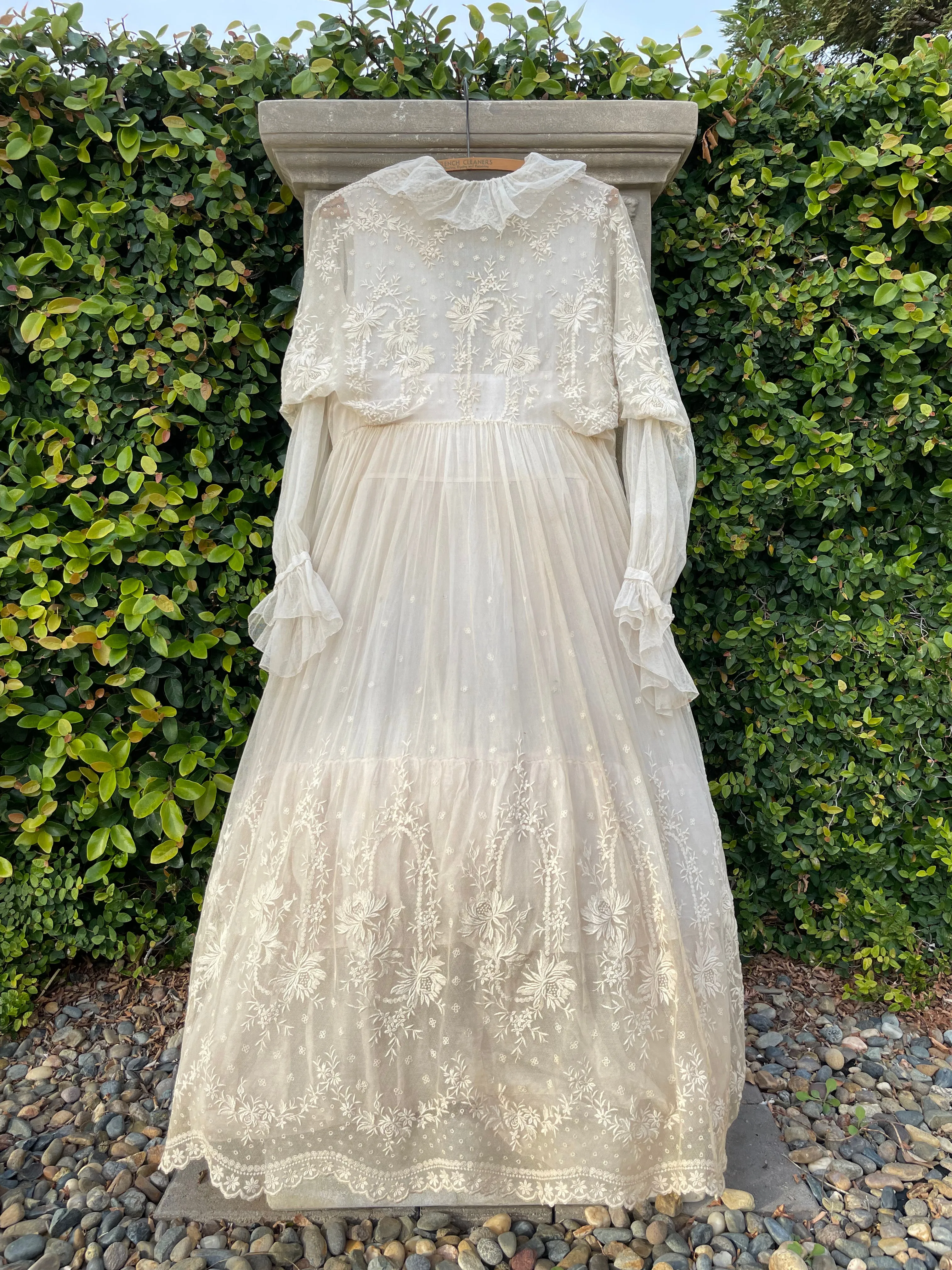 RESERVED Antique 1916 Embroidered Net Hoop Skirt Gown Volup