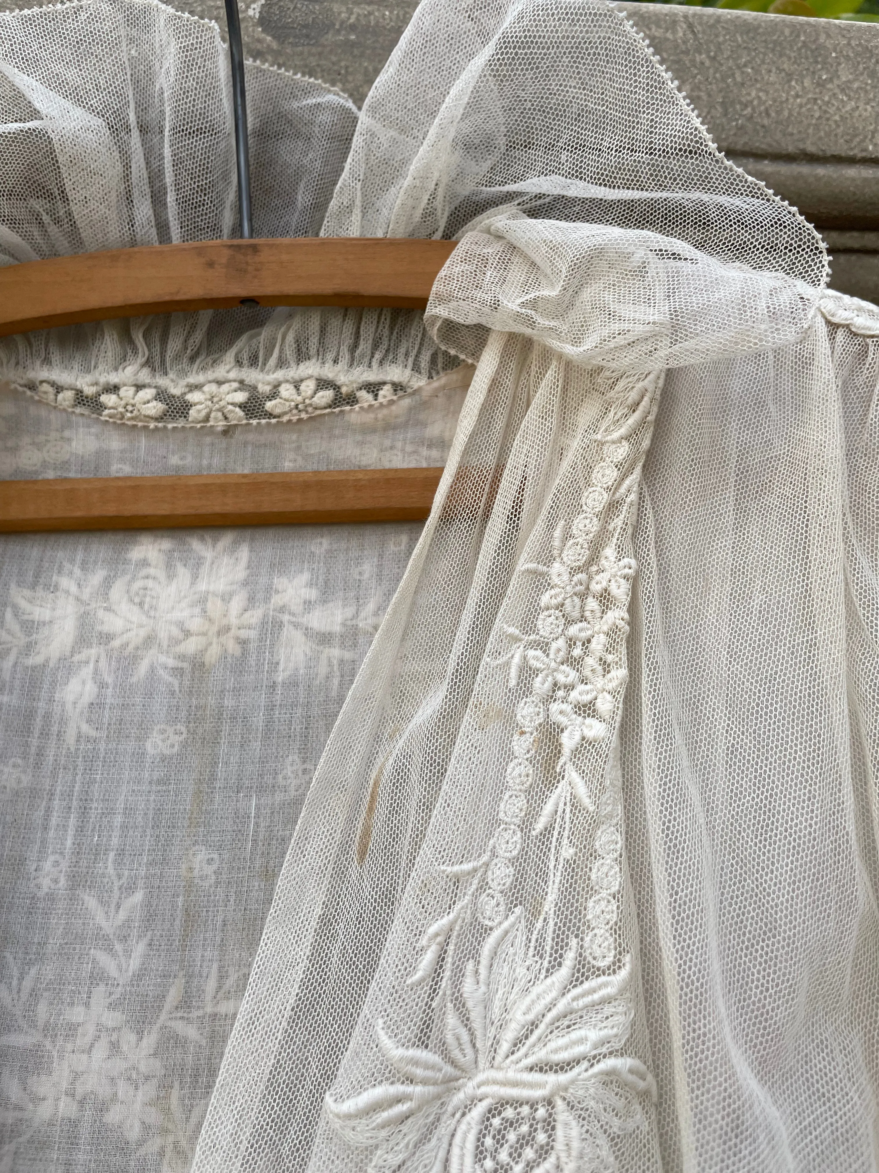 RESERVED Antique 1916 Embroidered Net Hoop Skirt Gown Volup