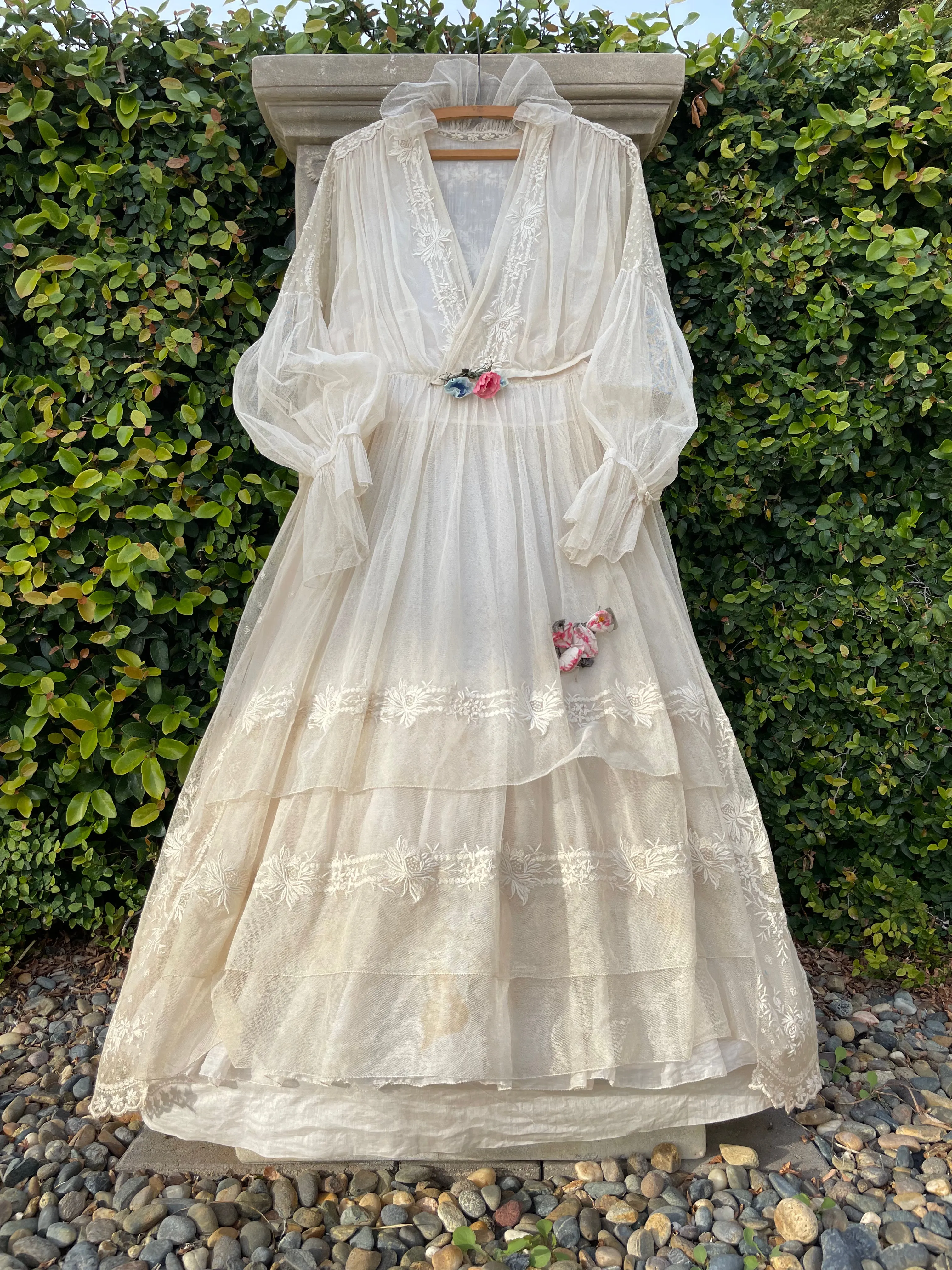 RESERVED Antique 1916 Embroidered Net Hoop Skirt Gown Volup