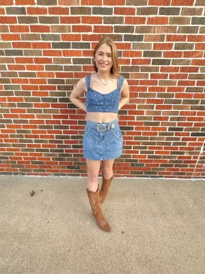 Rhinestone Cowgirl Cropped Top: Medium Wash Denim