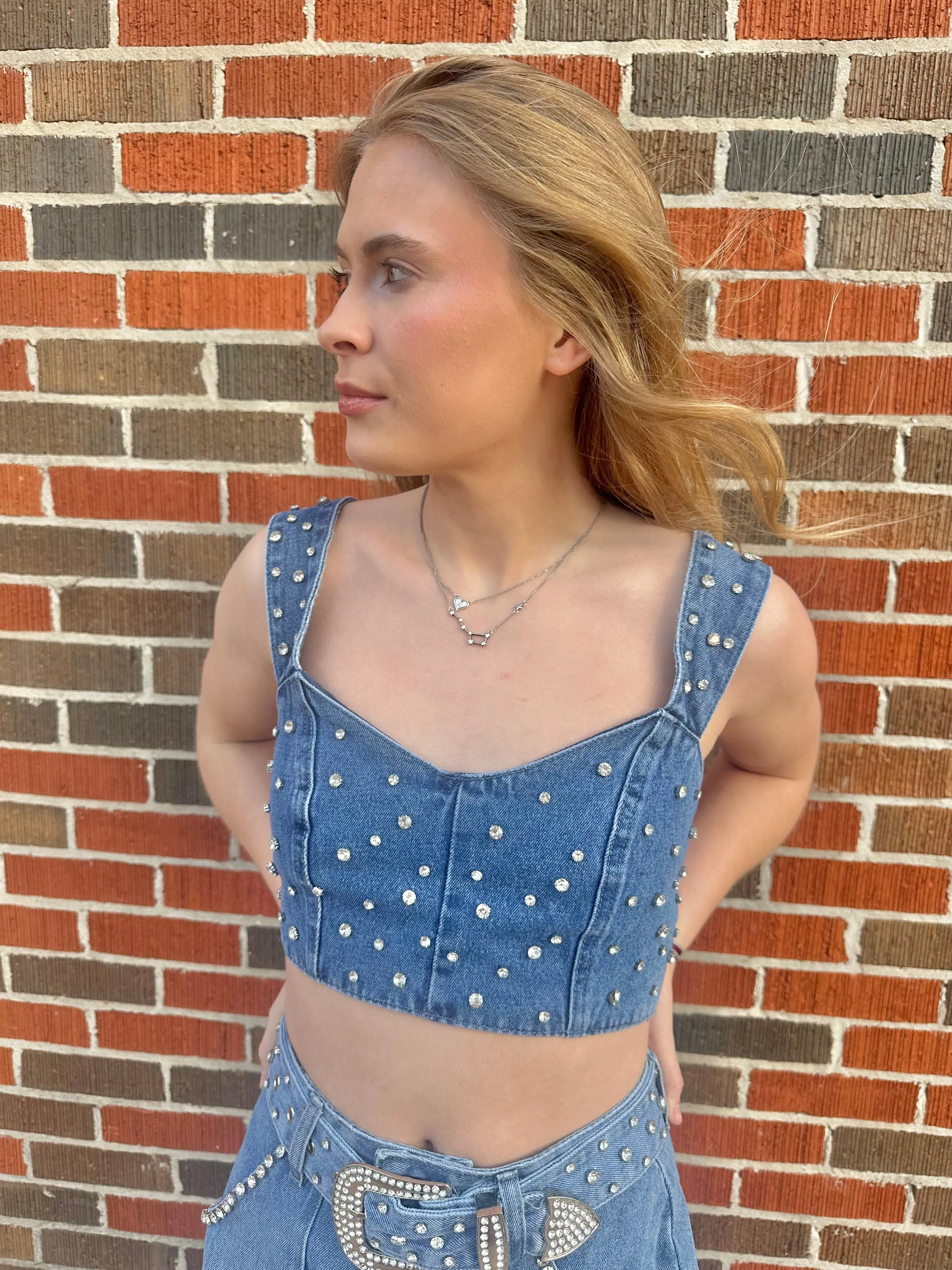 Rhinestone Cowgirl Cropped Top: Medium Wash Denim