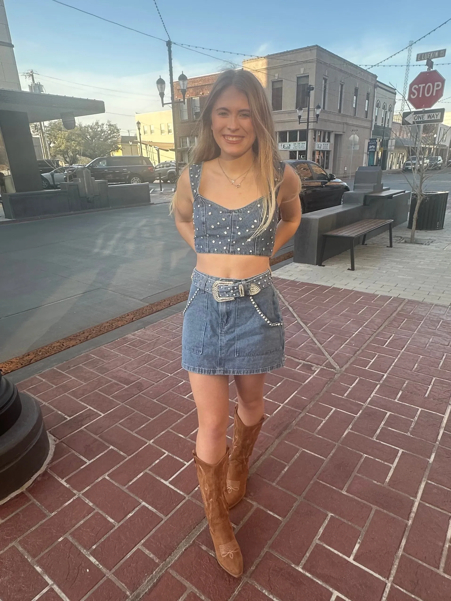Rhinestone Cowgirl Cropped Top: Medium Wash Denim