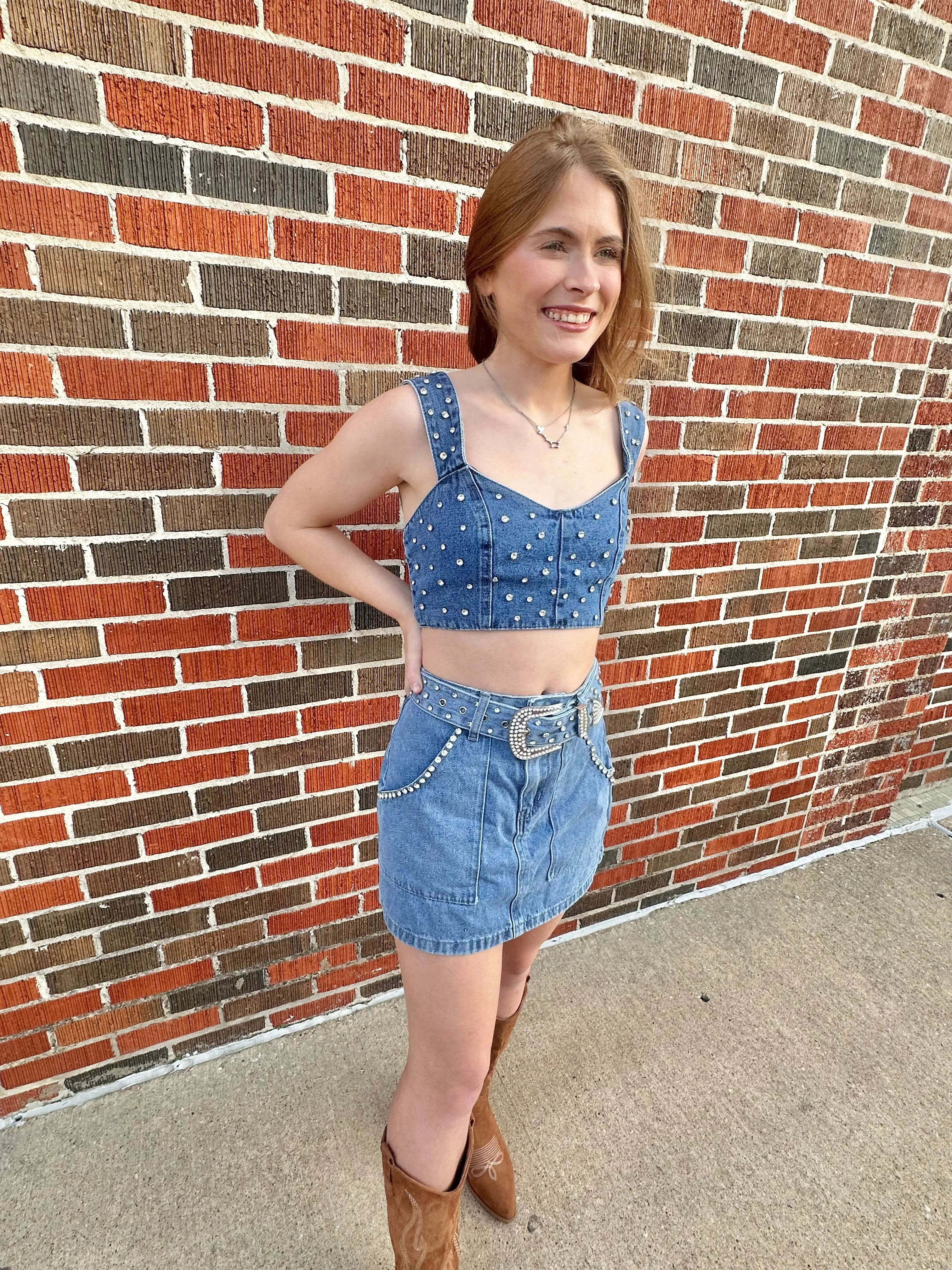 Rhinestone Cowgirl Cropped Top: Medium Wash Denim