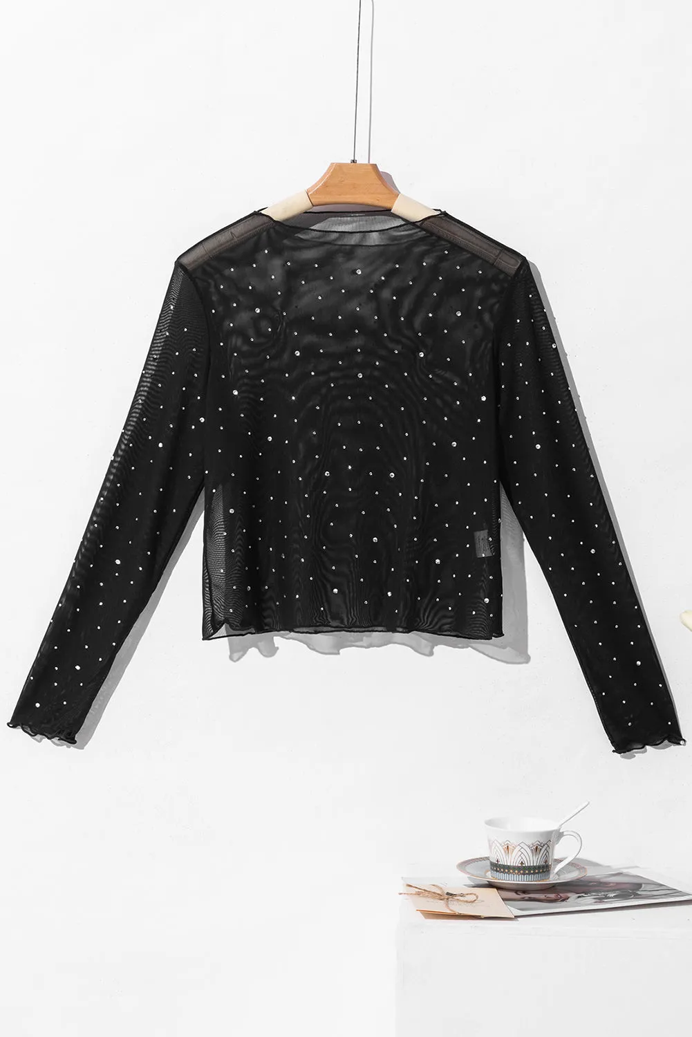 Rhinestone Sheer Long Sleeve Top