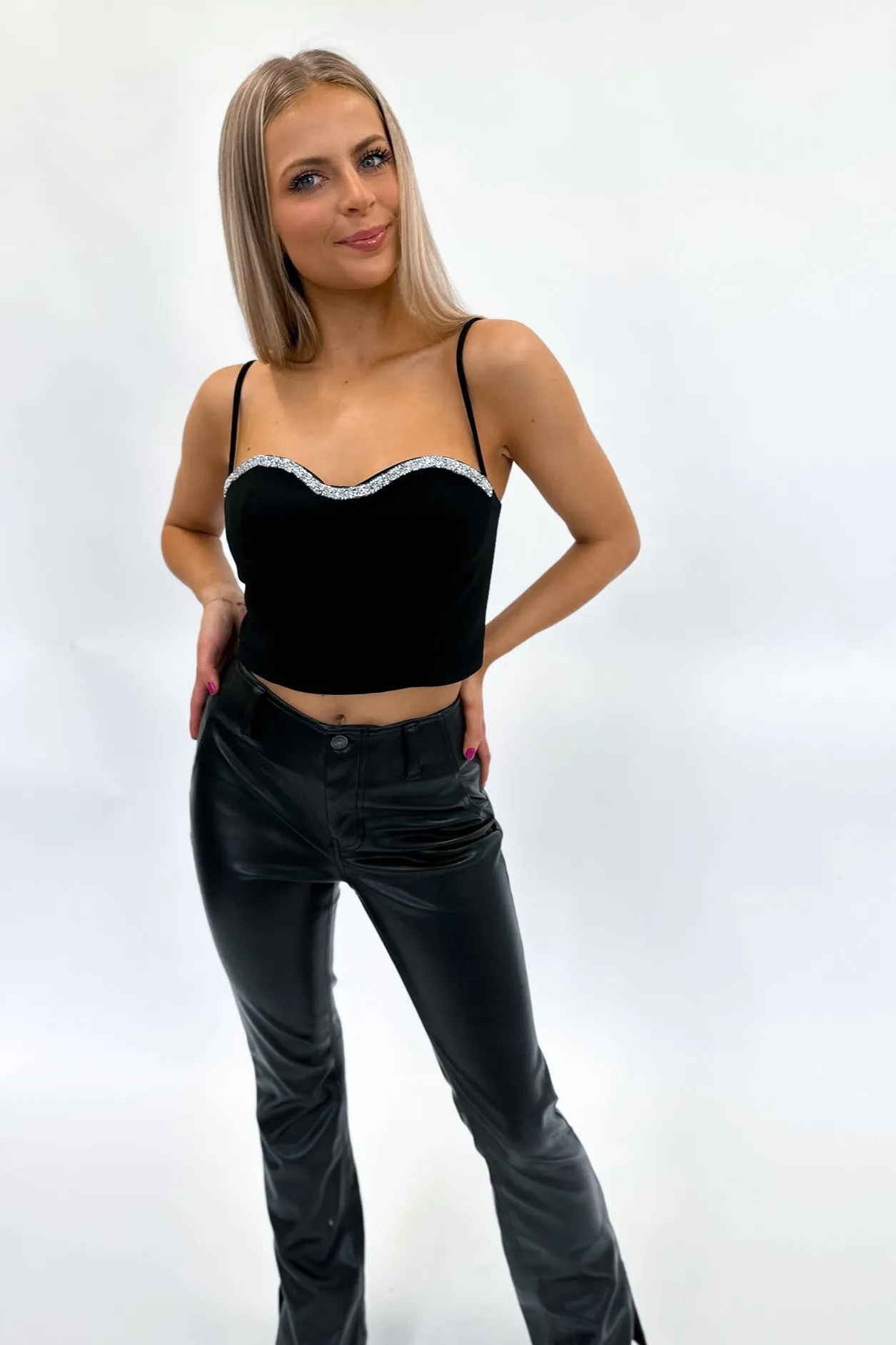 Rhinestone Trim Cami Top Black