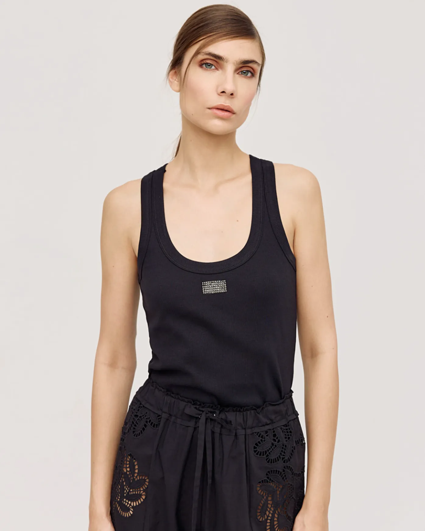 Ribbed Sleeveless Top Rhinestones-Black
