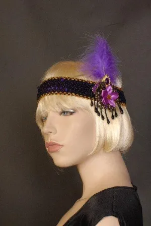 Ribbon Flower Flapper Headband Deluxe Purple