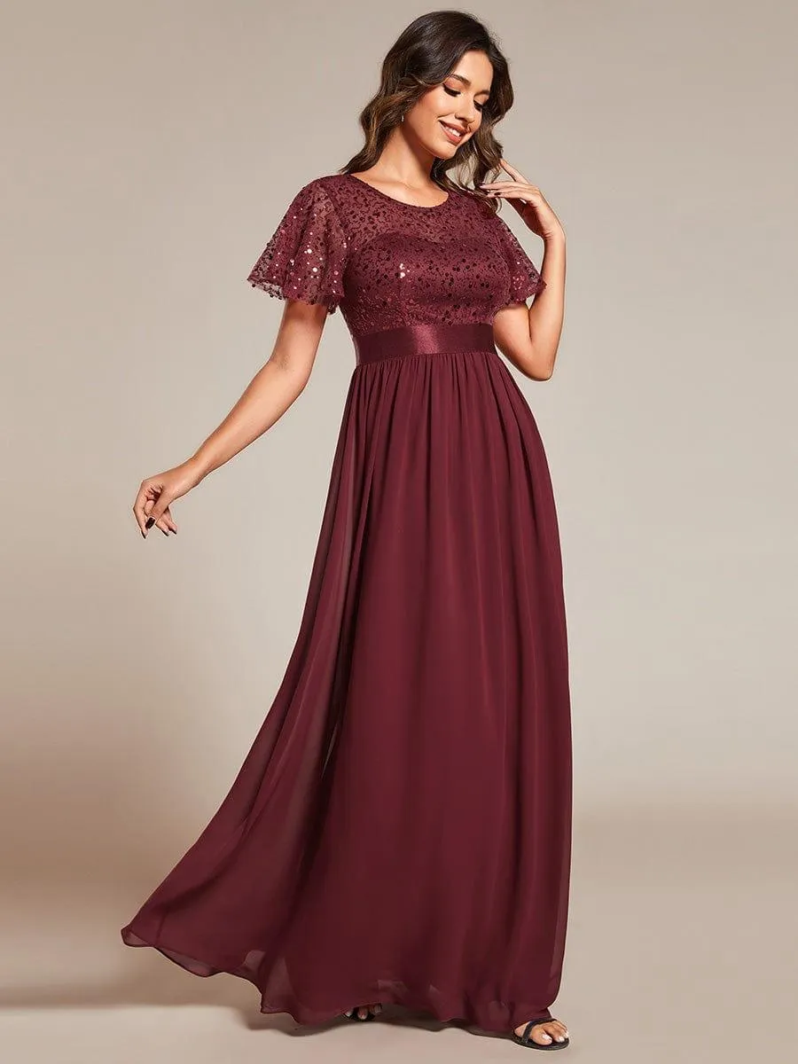 Robe de soirée à manches courtes et col rond à sequins taille haute