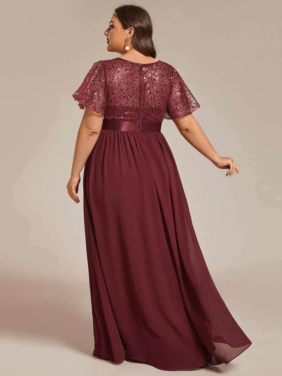 Robe de soirée à manches courtes et col rond à sequins taille haute