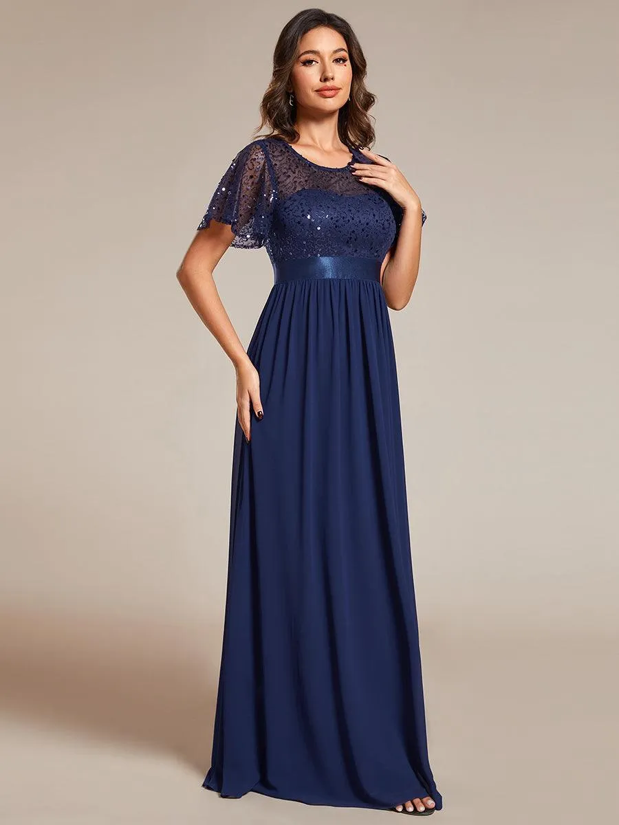 Robe de soirée à manches courtes et col rond à sequins taille haute