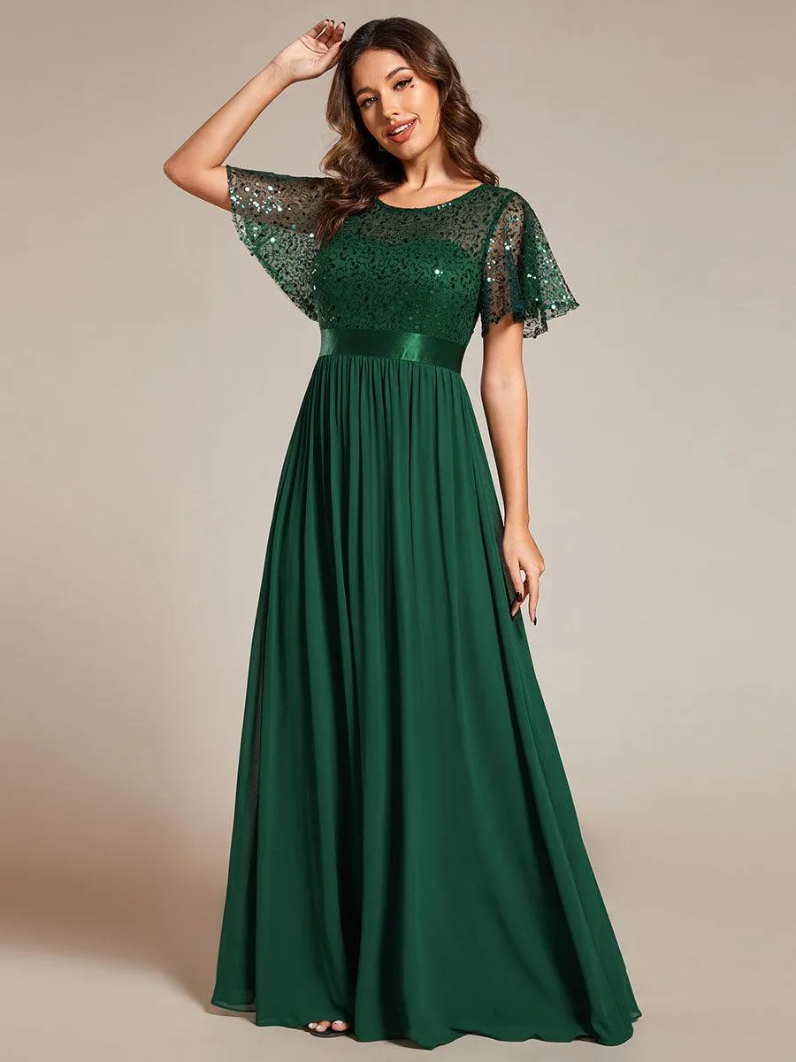 Robe de soirée à manches courtes et col rond à sequins taille haute