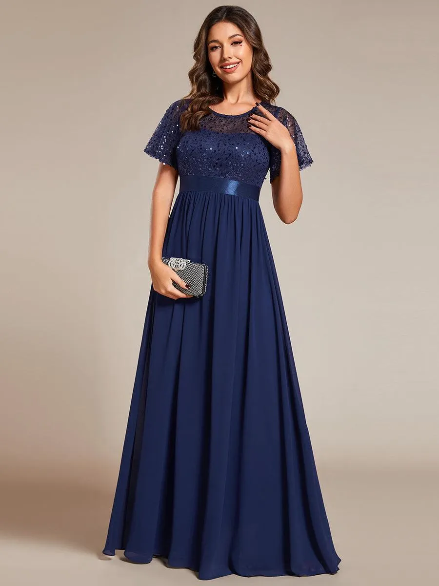 Robe de soirée à manches courtes et col rond à sequins taille haute
