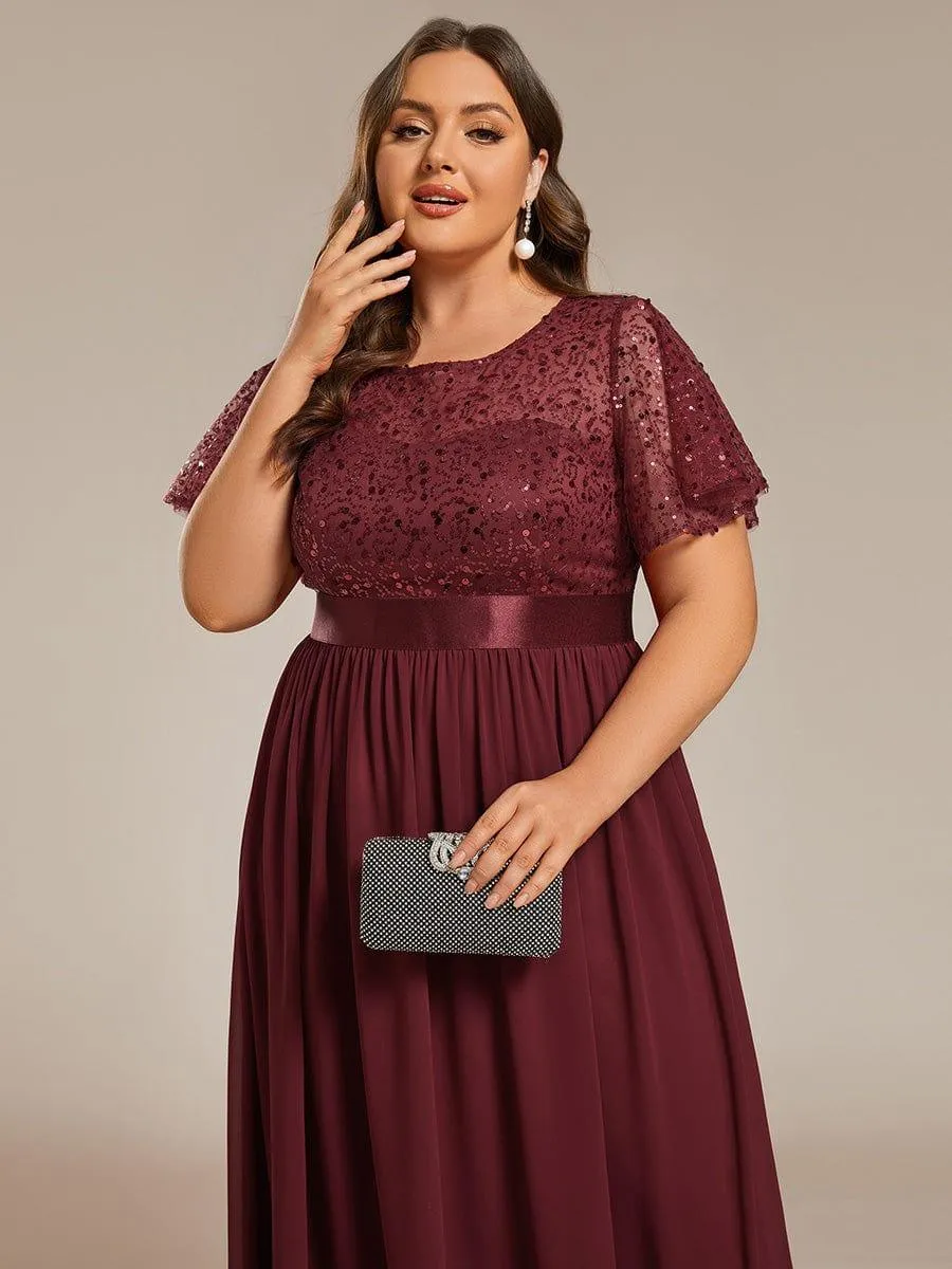 Robe de soirée à manches courtes et col rond à sequins taille haute