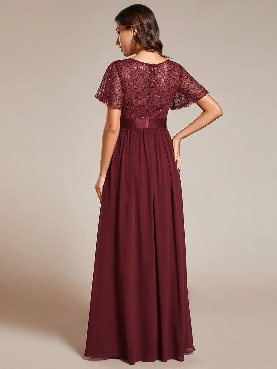 Robe de soirée à manches courtes et col rond à sequins taille haute
