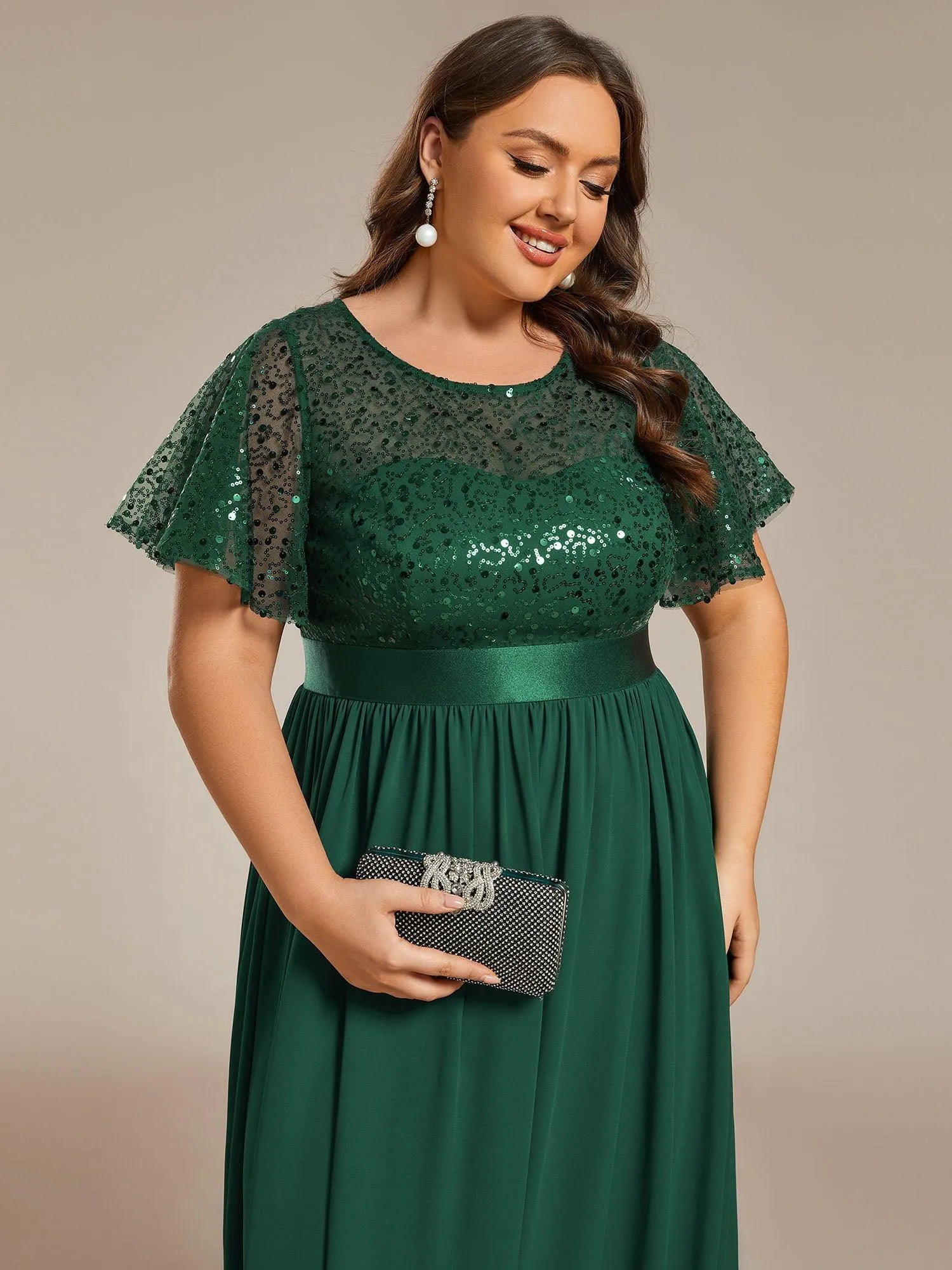Robe de soirée à manches courtes et col rond à sequins taille haute
