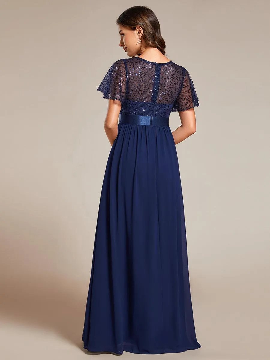 Robe de soirée à manches courtes et col rond à sequins taille haute