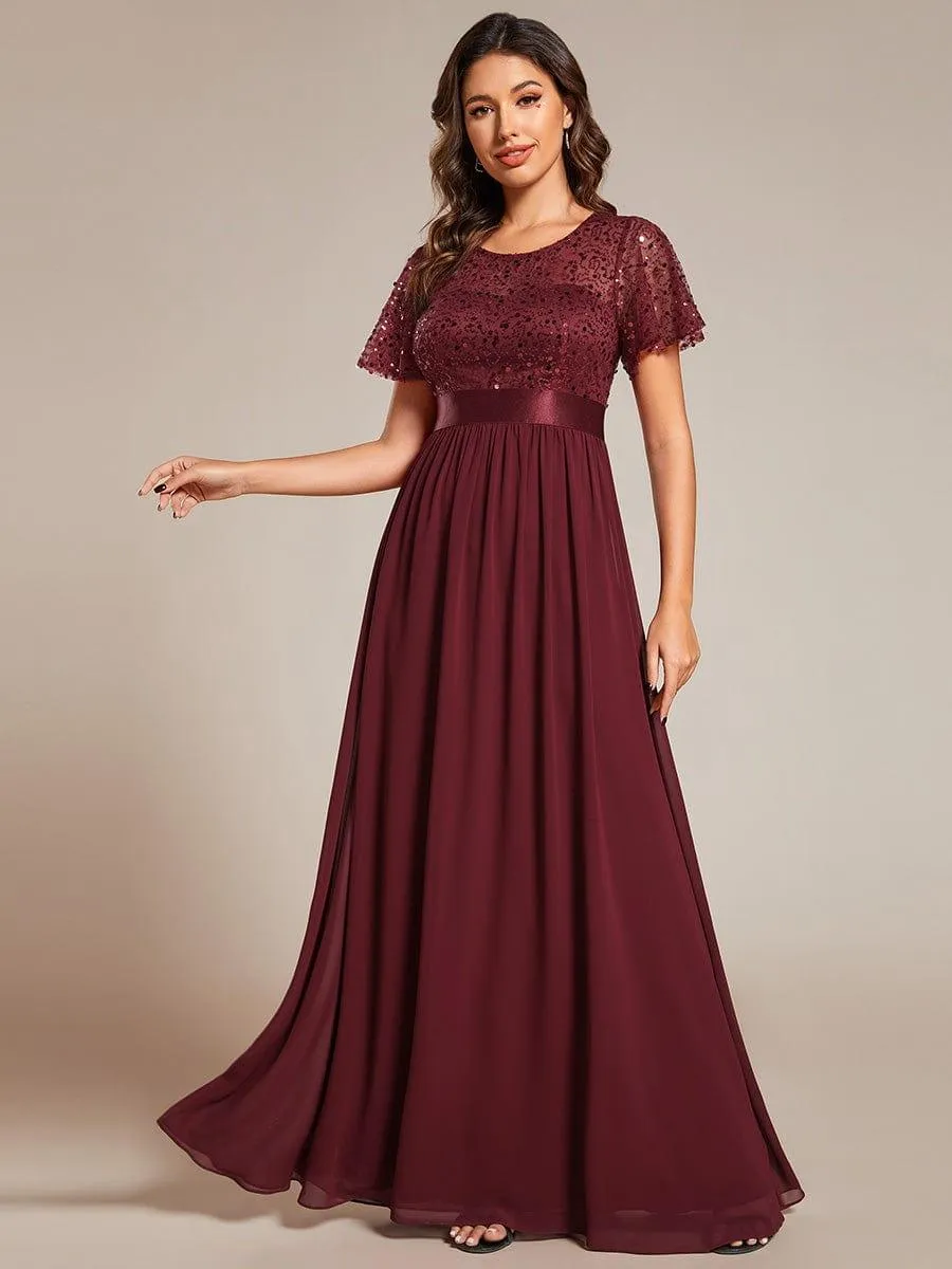 Robe de soirée à manches courtes et col rond à sequins taille haute
