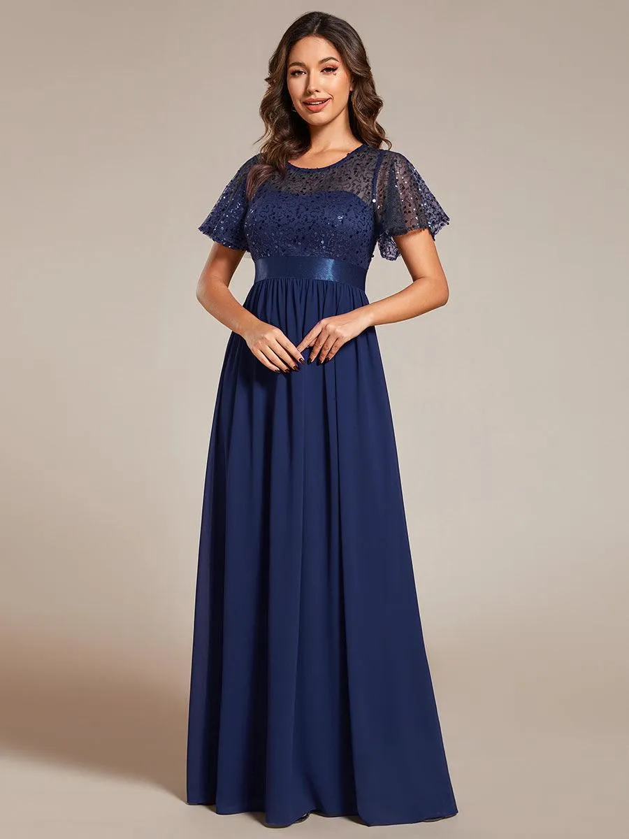 Robe de soirée à manches courtes et col rond à sequins taille haute
