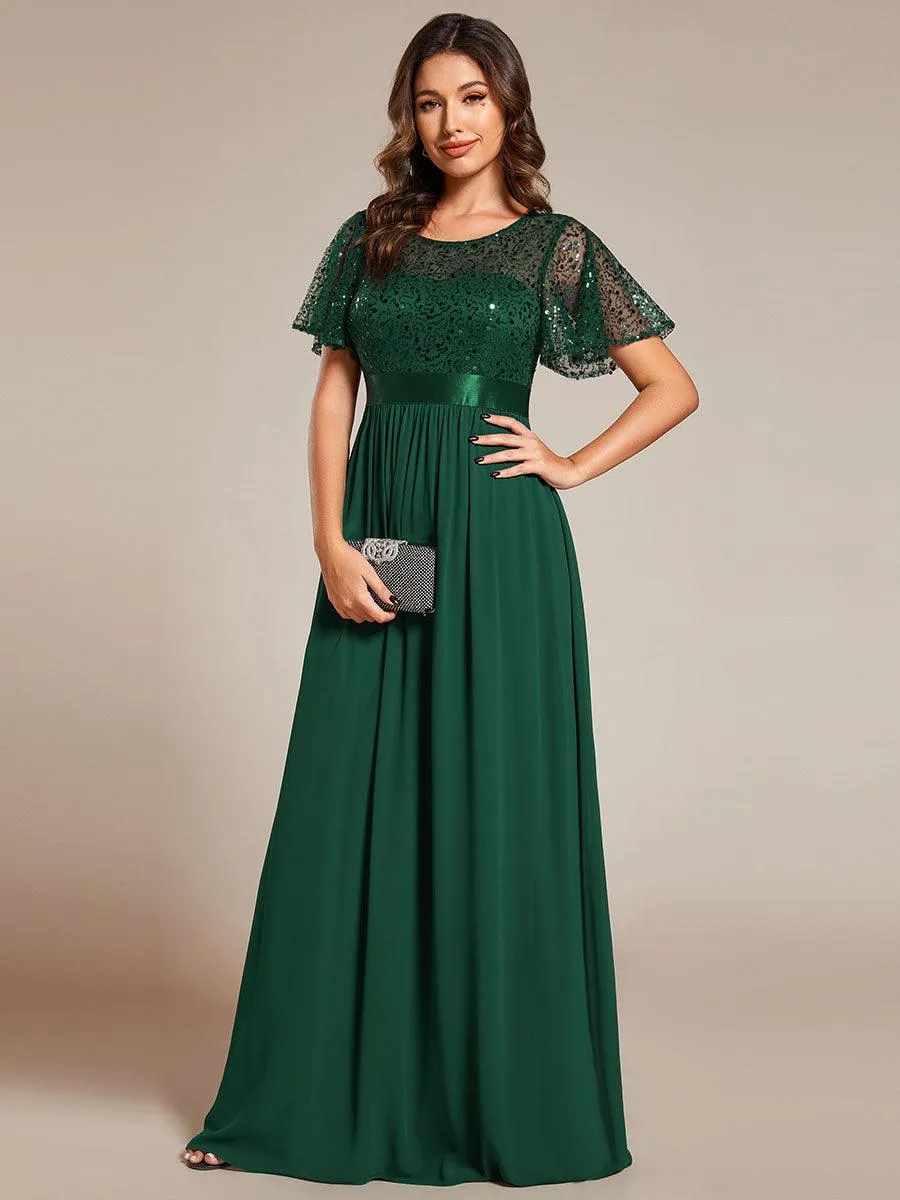 Robe de soirée à manches courtes et col rond à sequins taille haute
