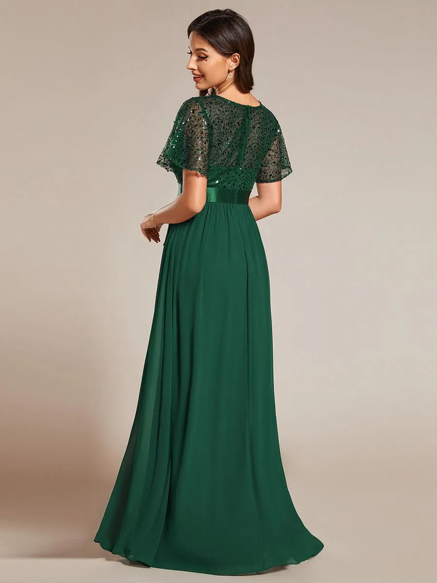 Robe de soirée à manches courtes et col rond à sequins taille haute