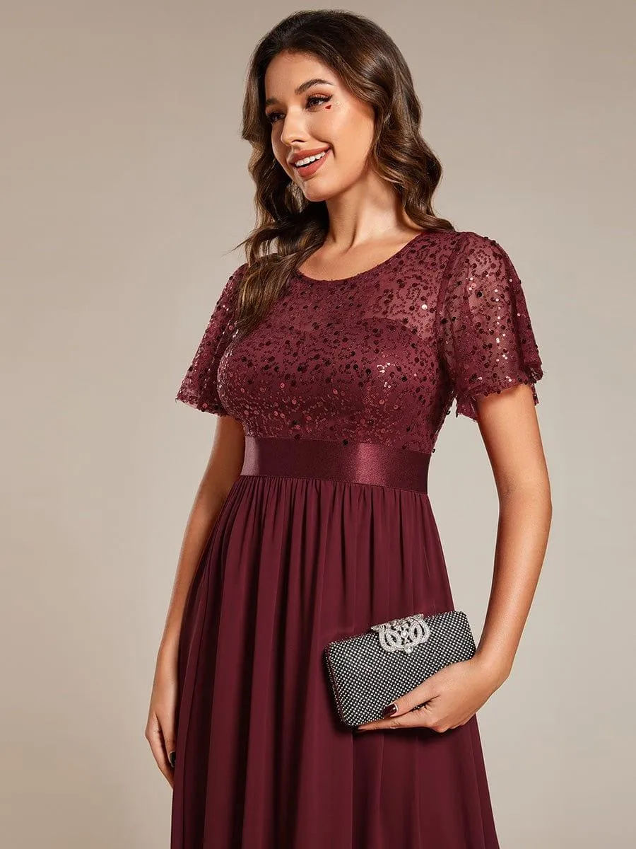 Robe de soirée à manches courtes et col rond à sequins taille haute