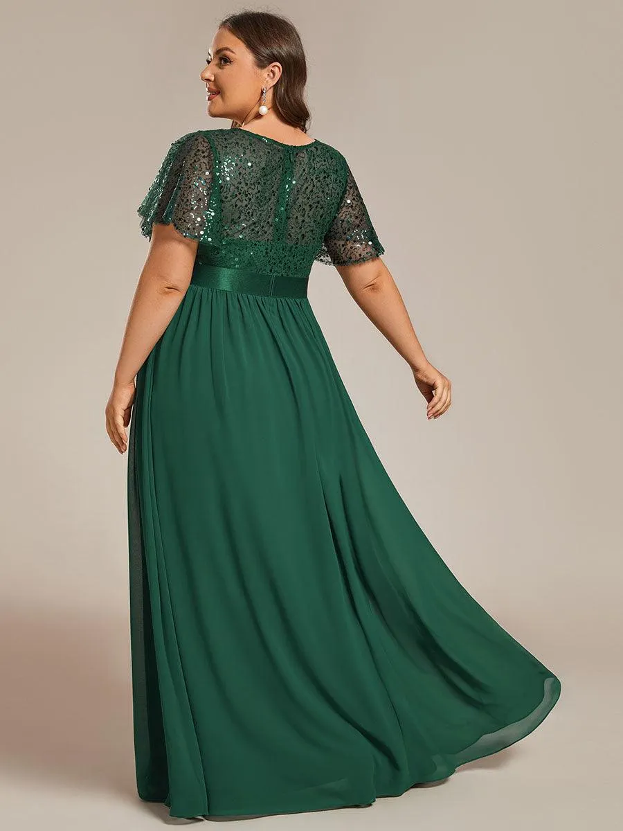 Robe de soirée à manches courtes et col rond à sequins taille haute