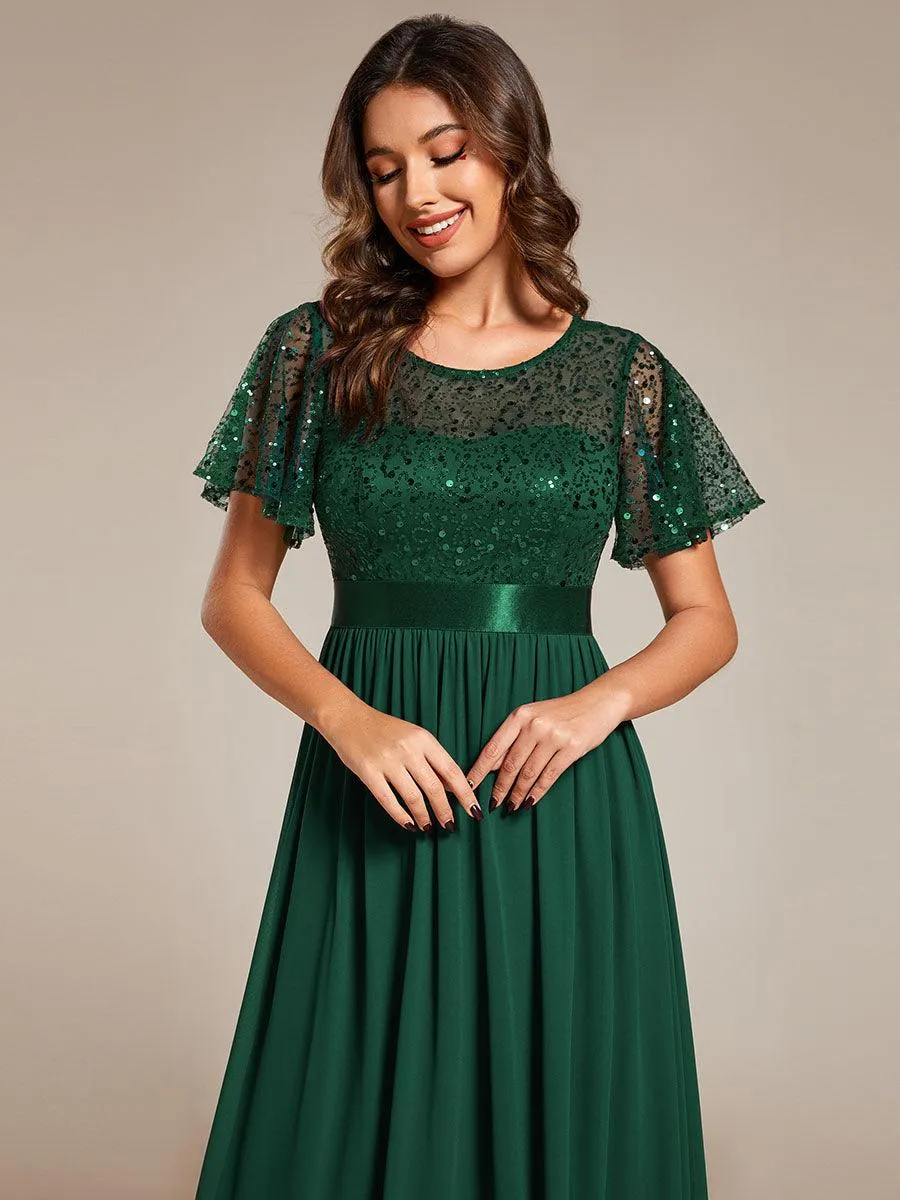 Robe de soirée à manches courtes et col rond à sequins taille haute