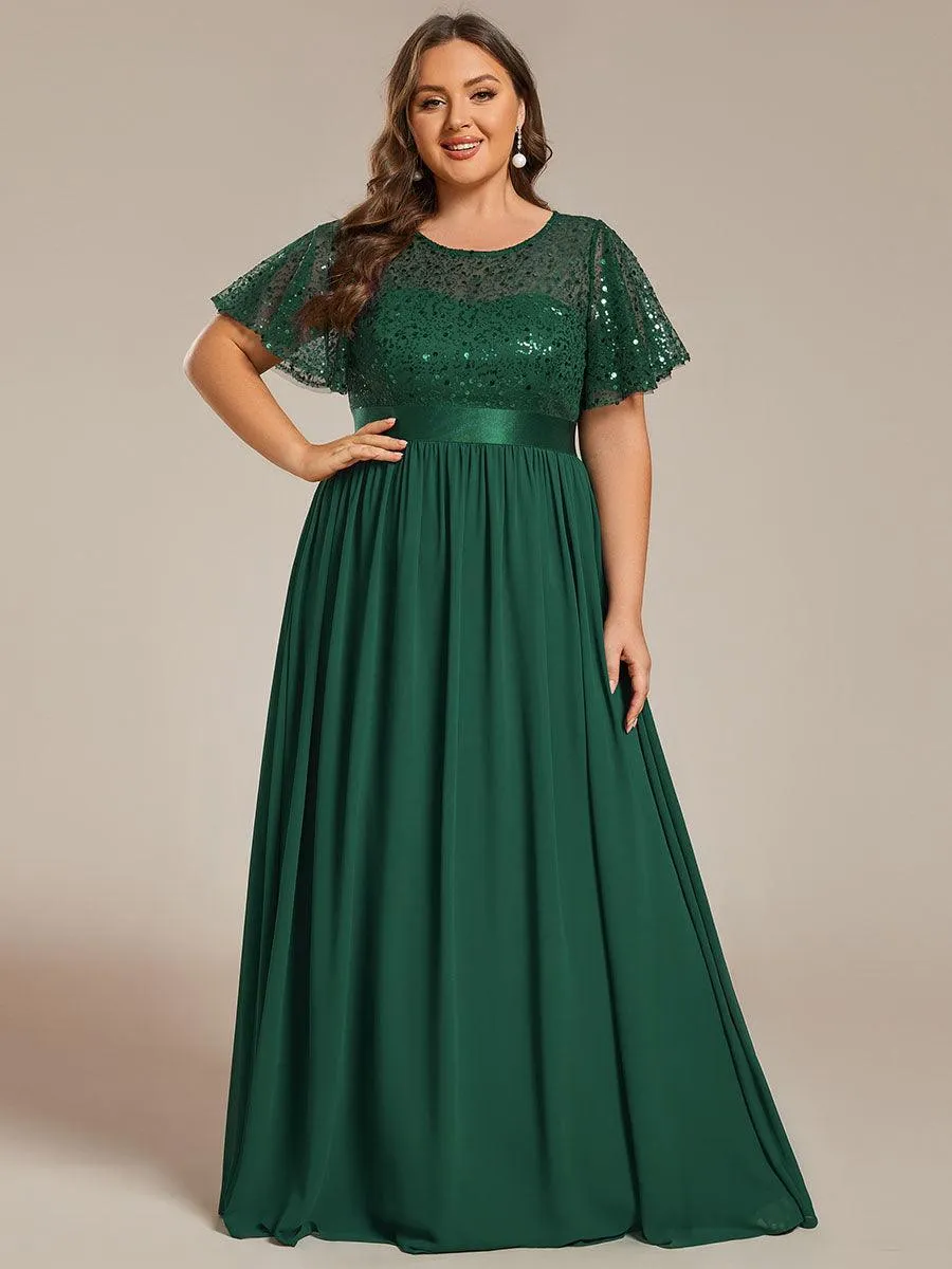 Robe de soirée à manches courtes et col rond à sequins taille haute