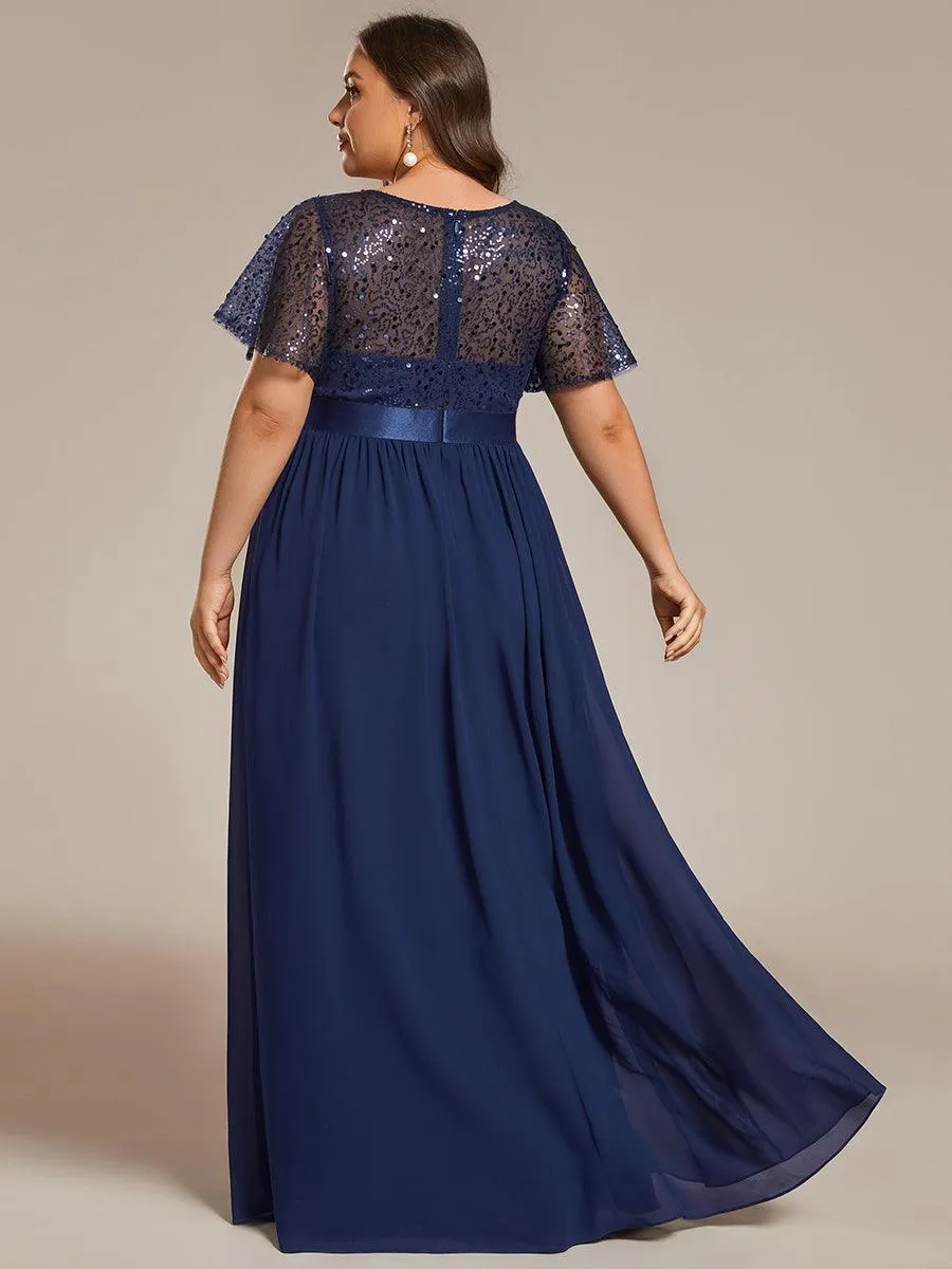 Robe de soirée à manches courtes et col rond à sequins taille haute