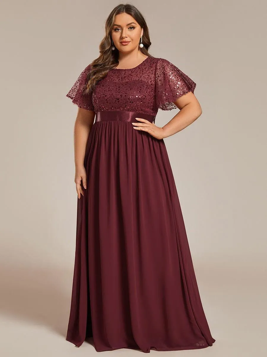 Robe de soirée à manches courtes et col rond à sequins taille haute