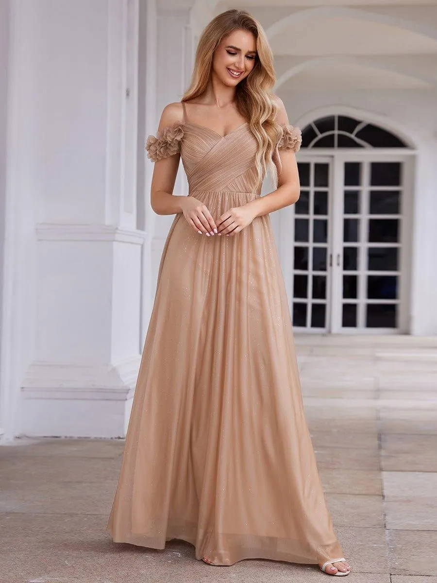 Robe de soirée plissée étincelante à col en V et épaules dénudées avec détails floraux