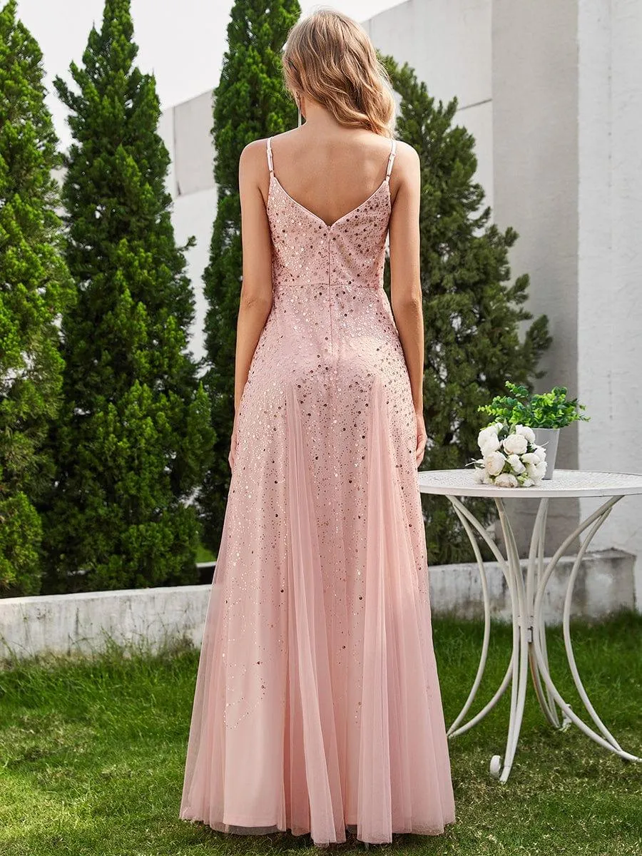 Robe de soirée sans manches en tulle à col en V et à paillettes avec taille empire