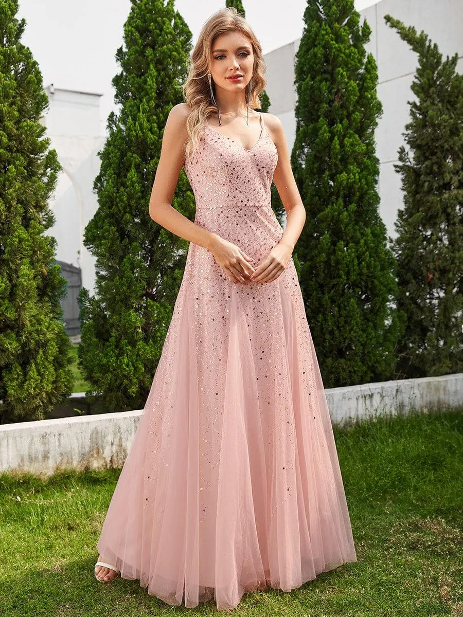 Robe de soirée sans manches en tulle à col en V et à paillettes avec taille empire