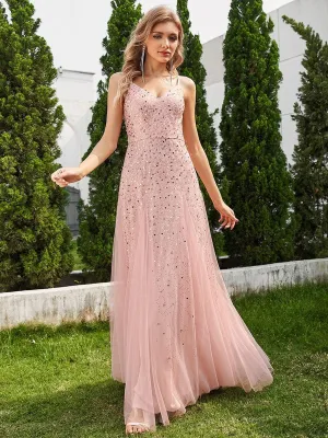 Robe de soirée sans manches en tulle à col en V et à paillettes avec taille empire