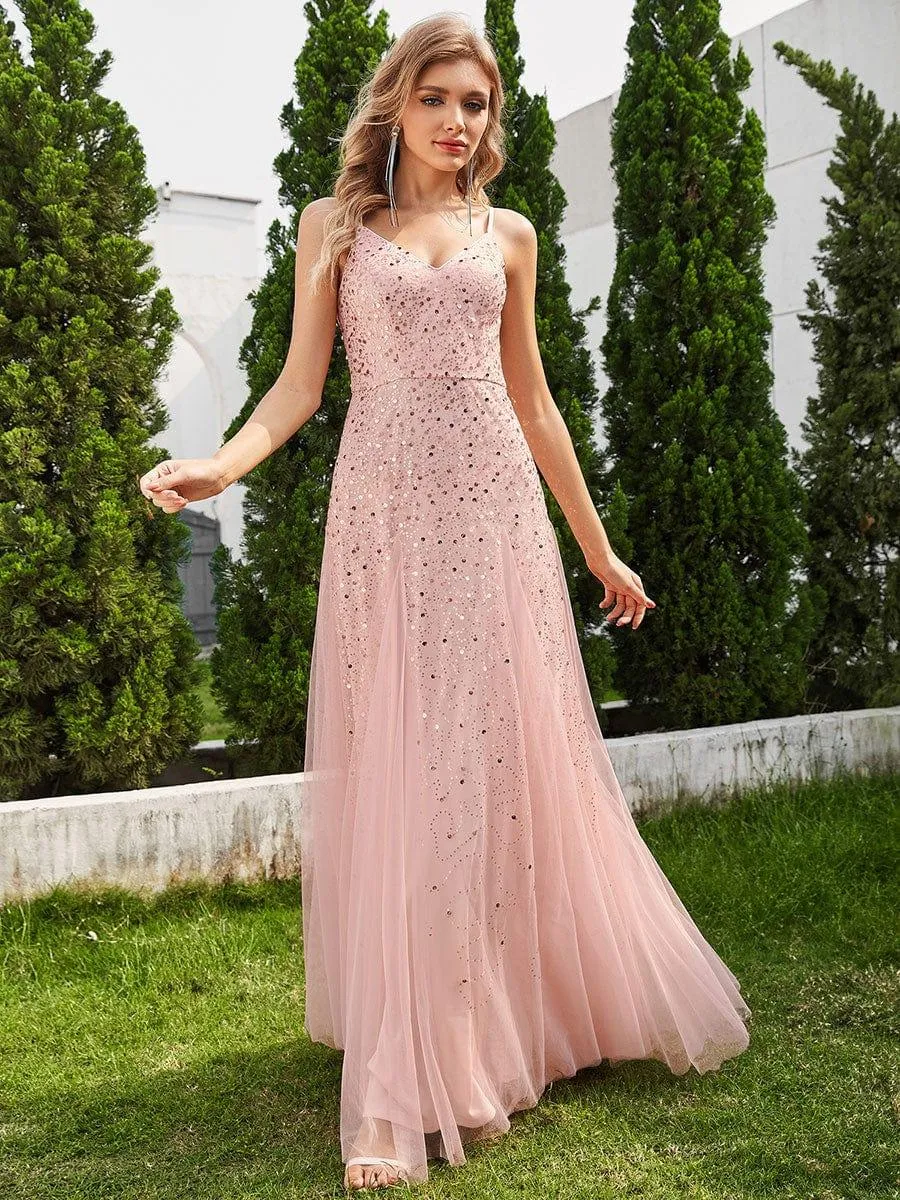 Robe de soirée sans manches en tulle à col en V et à paillettes avec taille empire