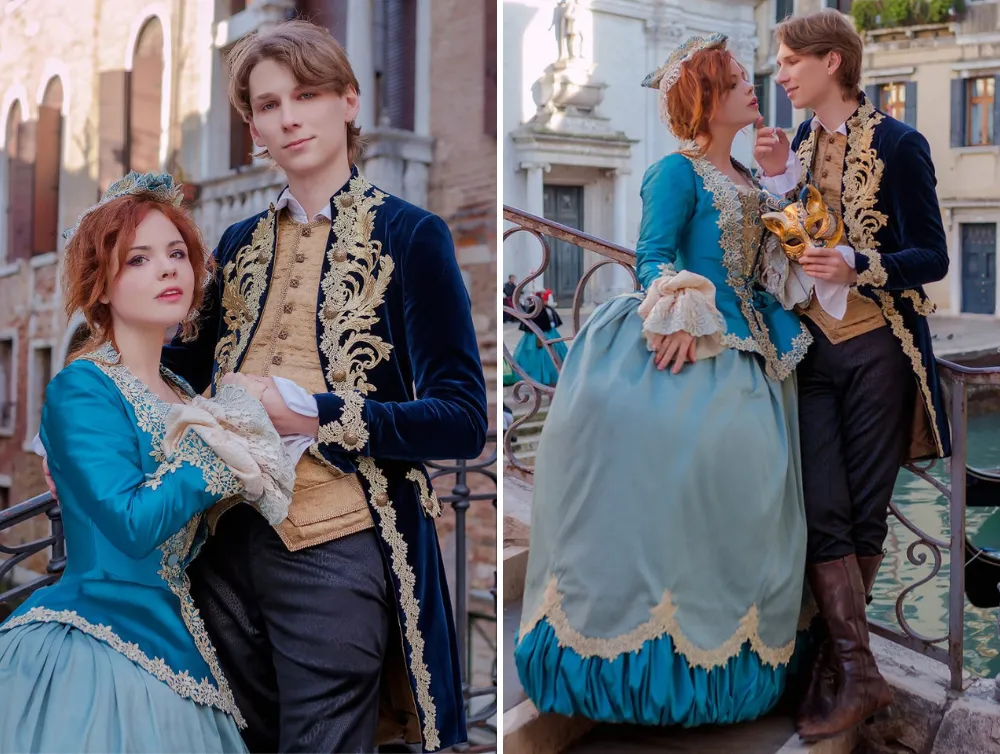 Rococo Venice Carnival Blue Cotton Male Costume