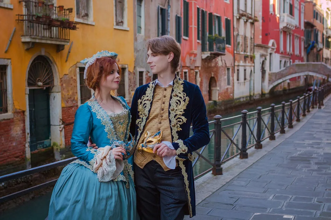 Rococo Venice Carnival Blue Cotton Male Costume