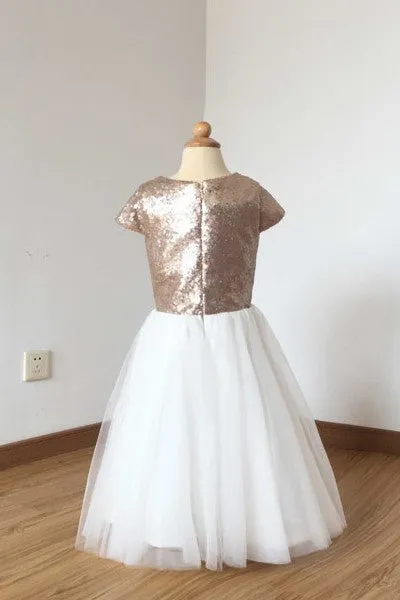 Rose-gold Sequin Flower Girl Dress with Tulle Skirt