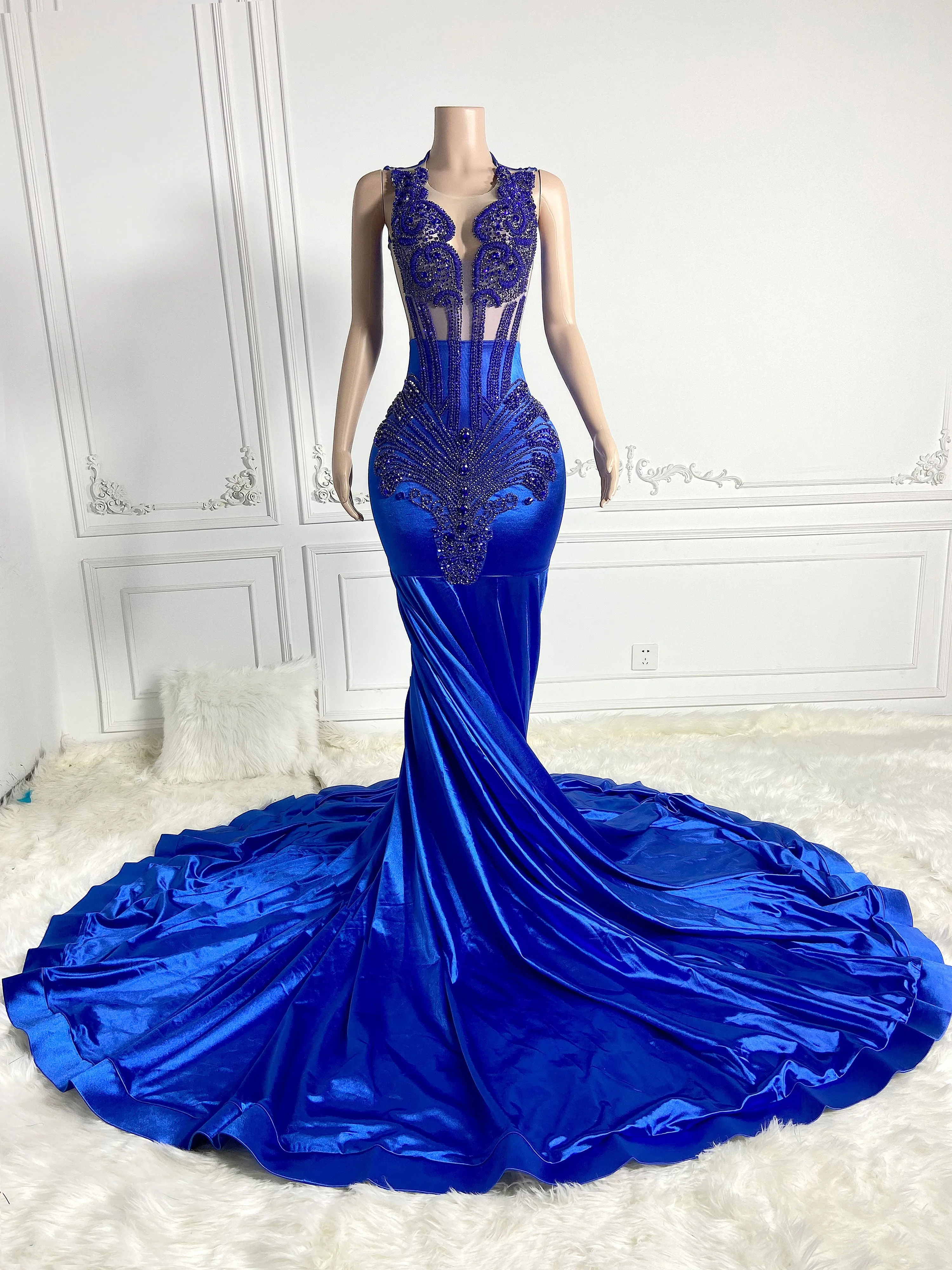 Royal Blue Satin Zippered Gowns
