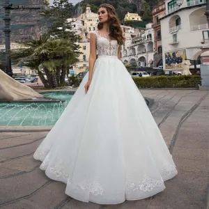 Roycebridal White Wedding Dresses Appliques Sequined Cap Sleeve