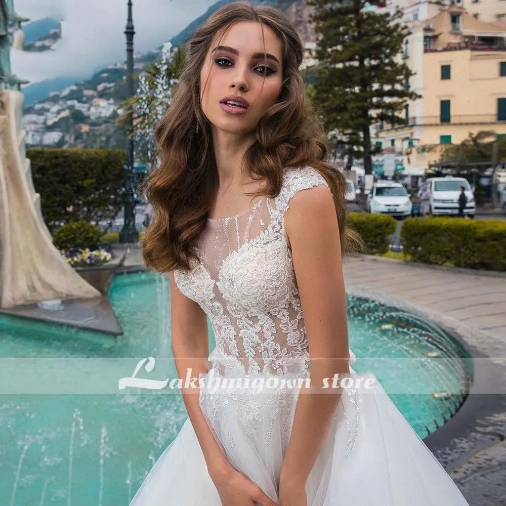 Roycebridal White Wedding Dresses Appliques Sequined Cap Sleeve