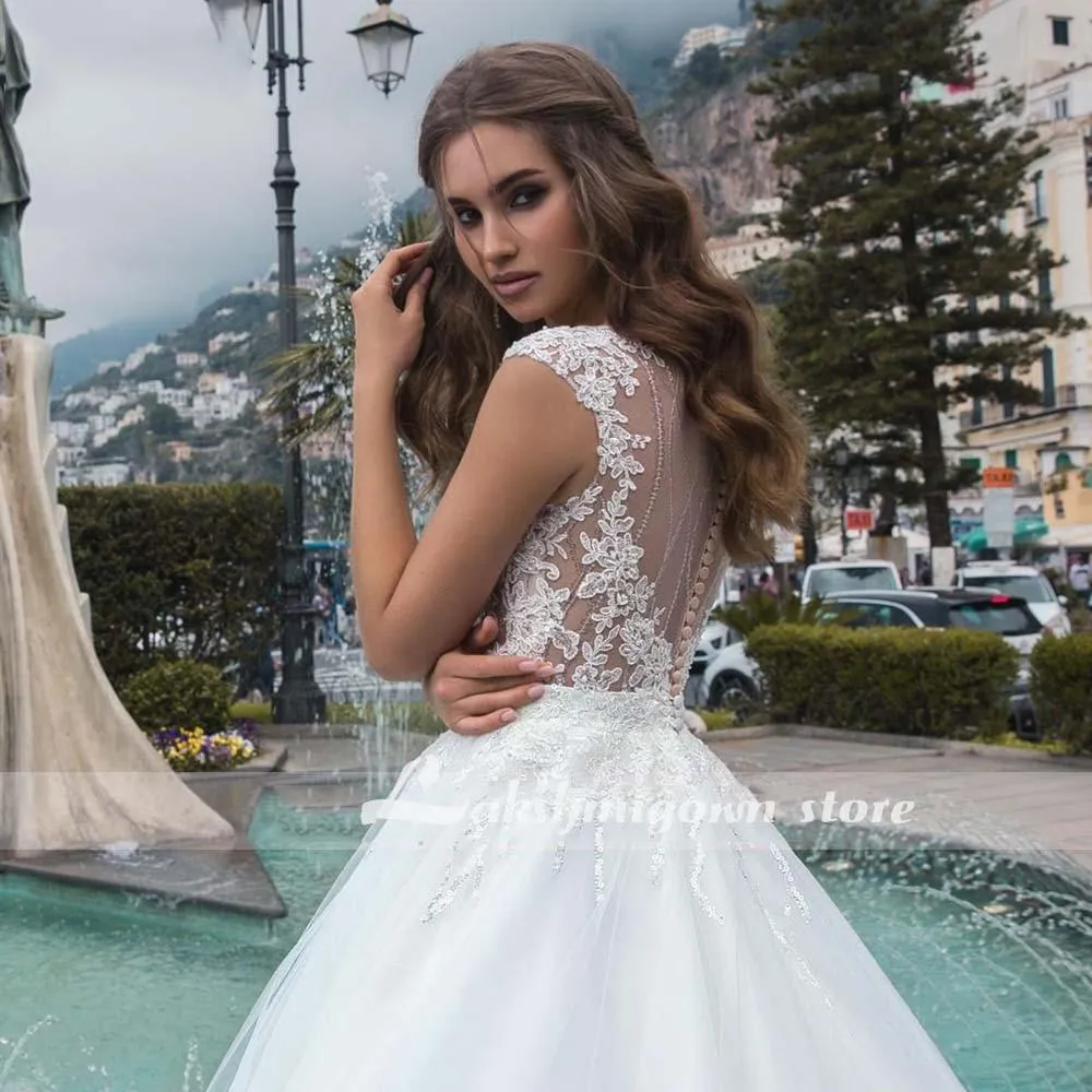 Roycebridal White Wedding Dresses Appliques Sequined Cap Sleeve