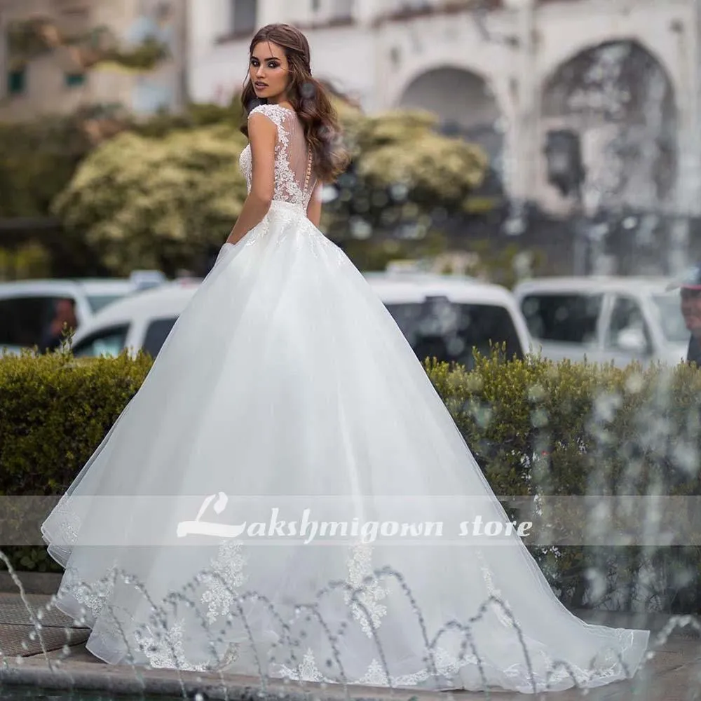 Roycebridal White Wedding Dresses Appliques Sequined Cap Sleeve